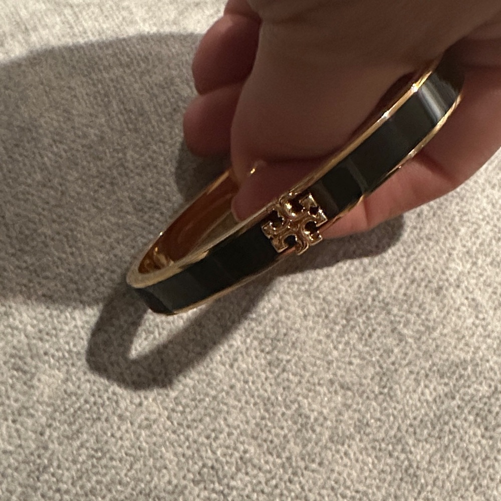 Tory Burch Gold and Black Enamel Women's Logo Hinged Bangle